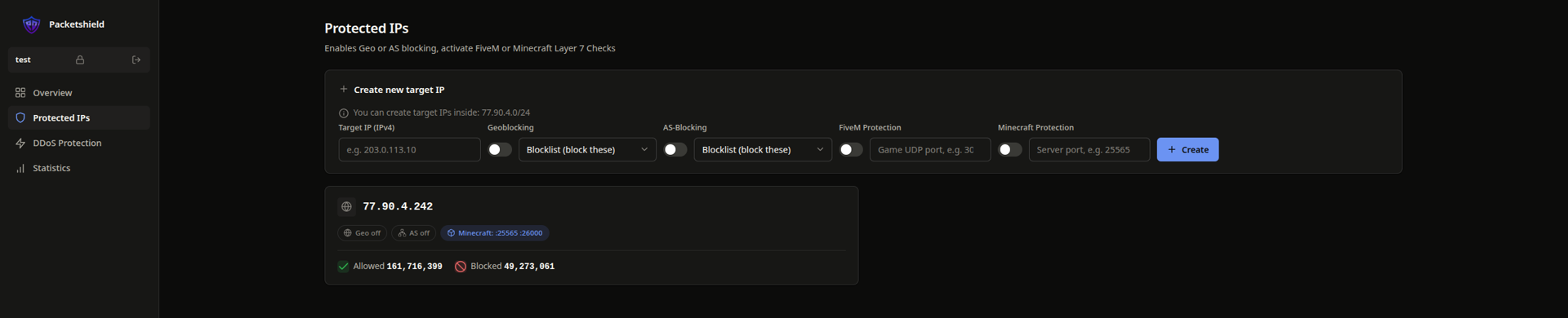 Filter panel – protected IPs list with target IP creation
