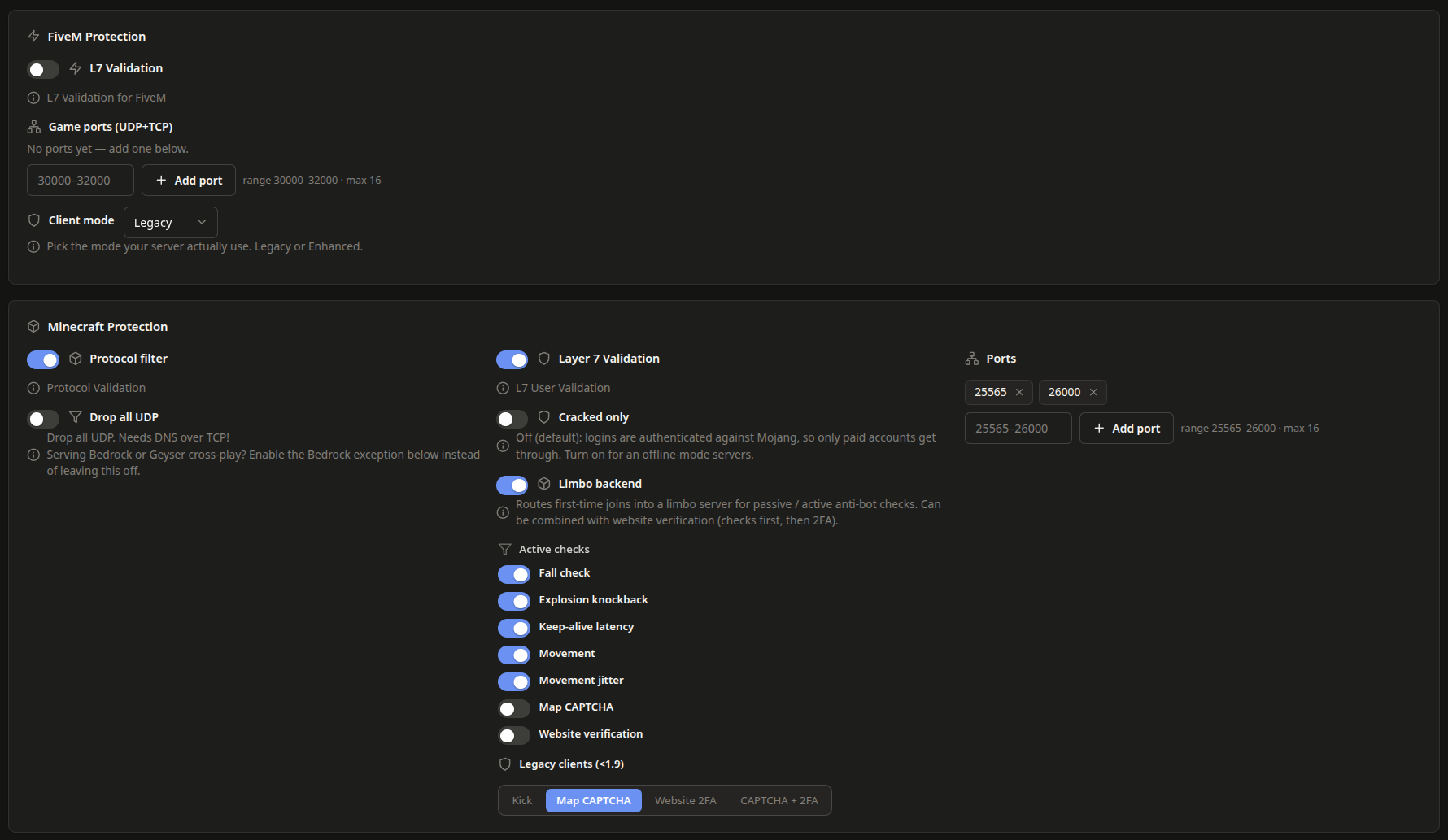 Filter panel – rule set for a protected target IP